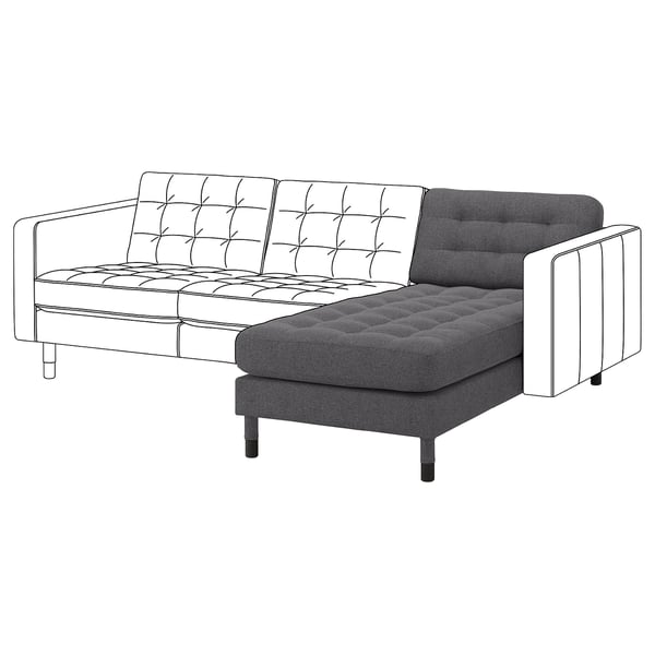 Modern l-shaped grey fabric sofa with tufted cushions and wooden legs.