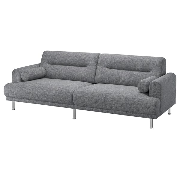 LÅNGARYD grey sofa: stylish three-seater with fabric & chrome legs, easy clean.