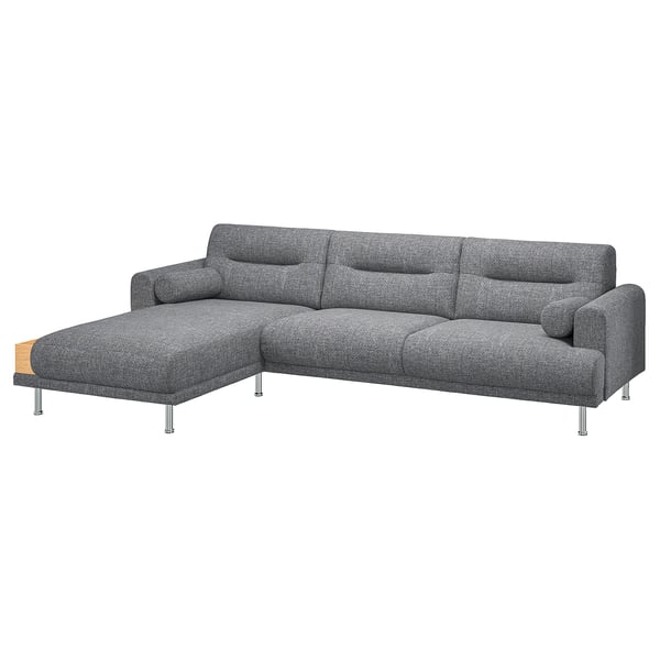Modern LÅNGARYD sectional sofa, grey tweed, soft rounded shapes, chrome legs.