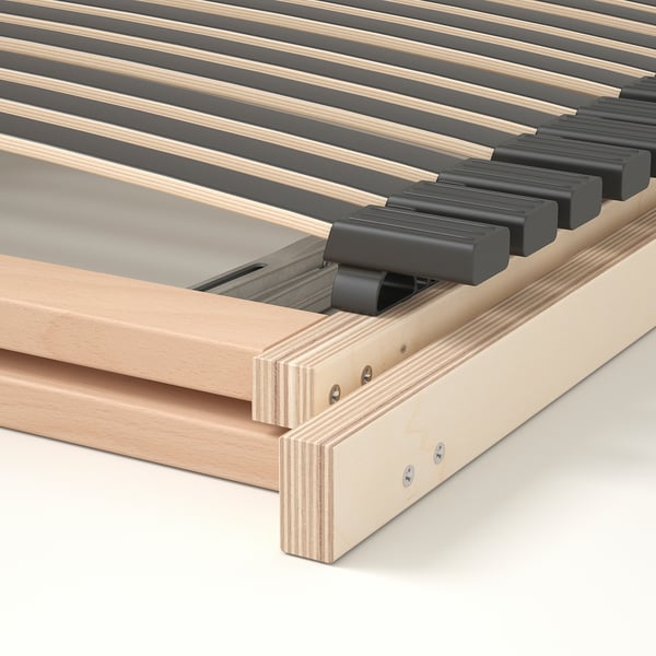 This image displays a high-quality wooden bed frame with adjustable slats and height options. Durable materials ensure stability and comfort.