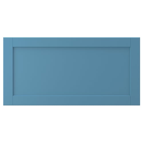 LERHYTTAN blue drawer front with wooden frame and bevelled edges.