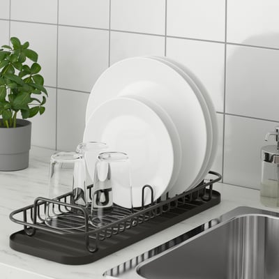 Kitchen dish rack LILLHAVET fits over sink or counter, dries plates, glasses, and cutlery. Black rack with 5 plate capacity.