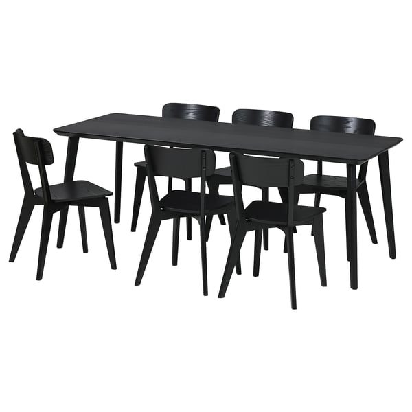 Black LISABO dining set with rectangular table and six matching chairs, modern design.