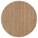 A circular LOHALS rug in natural jute tones, featuring a flat-woven, textured design.