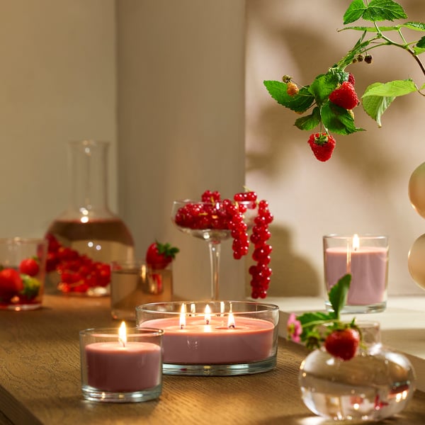 LOTSFÅGEL Scented candle in glass, 3 wicks, Red berries light pink, 25 hr