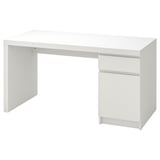 White ikea MALM desk, minimalist design, rectangular shape, with drawer for storage.