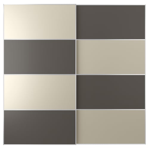 MEHAMN door: 6 panel design, 3 light beige, 3 dark grey, rectangular, fiberboard, aluminium rail.