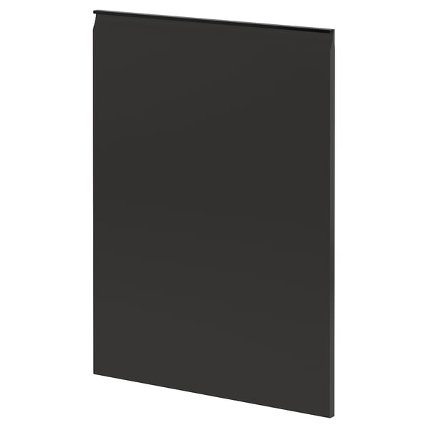 Black flat panel with slight angle, smooth surface, and edges. Part of IKEAs METOD kitchen system.