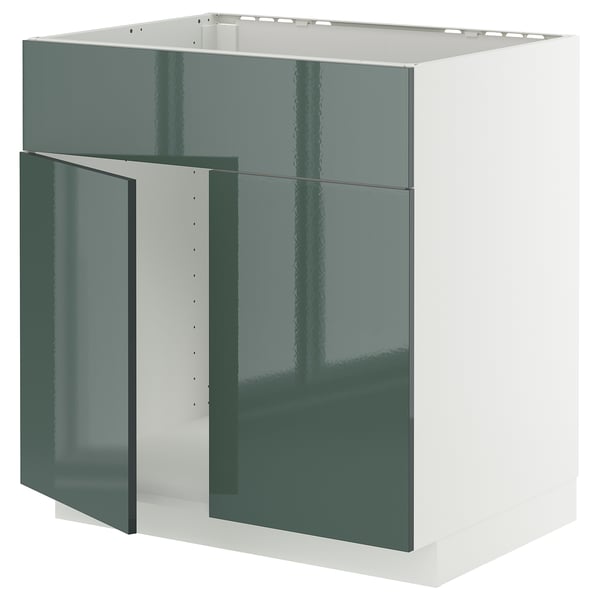 Modern METOD kitchen unit with high-gloss grey-green doors, square shape, and sleek design.