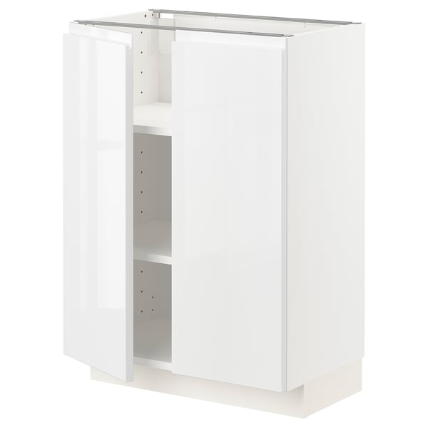 Displays a white METOD kitchen cabinet with a sleek, modern design. It high gloss, handle-less doors and adjustable shelving inside.
