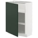 Modern white cabinet with green door, open shelves, adjustable shelves.