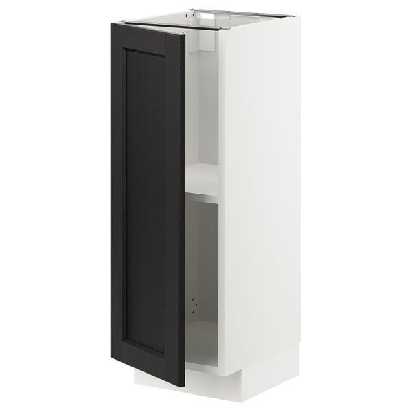 White and black kitchen cabinet with adjustable shelves.