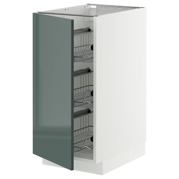 Modern kitchen cabinet, high-gloss grey-green METOD, steel racks, rectangular shape.