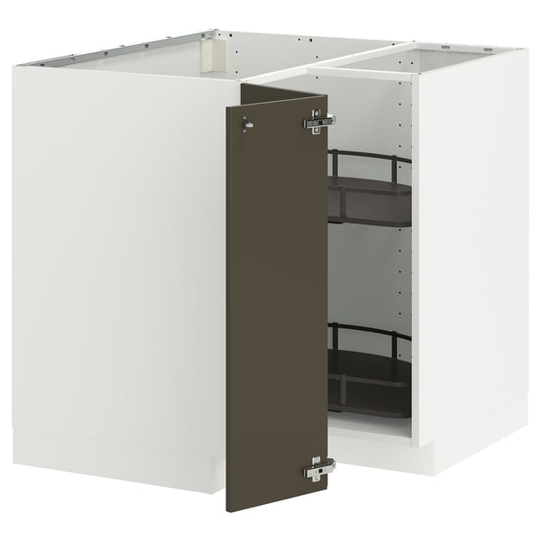 A modern kitchen cabinet in white with a dark brown door, featuring a sliding shelf organiser.