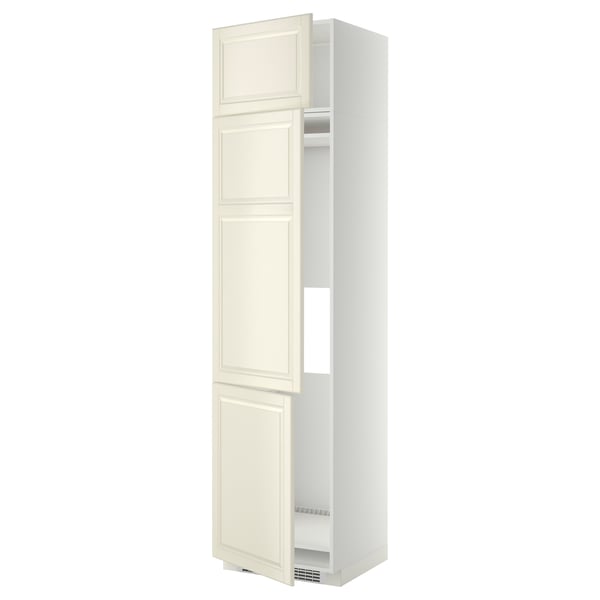 A tall, off-white kitchen cabinet with a classic bevelled design, featuring three shelves and two doors.