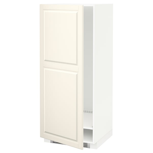 A white, tall kitchen cabinet from the METOD system with a traditional design featuring bevelled edges.