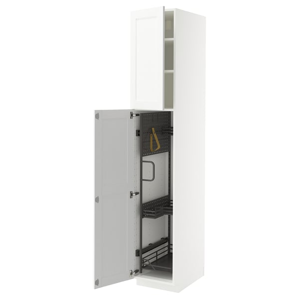 White METOD cabinet with open door, metal interior, adjustable shelves.
