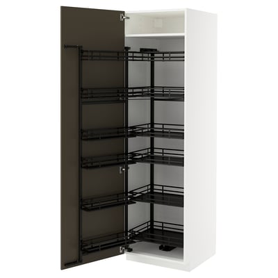A white METOD kitchen cabinet with dark brown pull-out shelves. Its rectangular with a modern design.