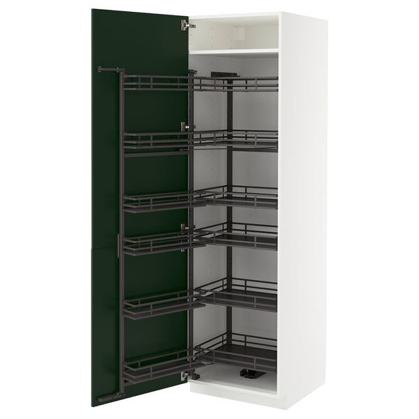 Modern kitchen cabinet, white with green door, multiple pull-out shelves.