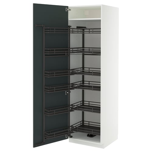A white METOD kitchen cabinet with a high-gloss grey-green kallarp door, featuring pull-out shelves made of metal.