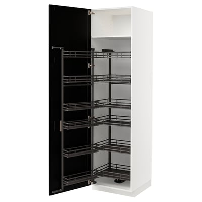 A white METOD kitchen cabinet with pull-out shelves and a black door. Its tall, rectangular, and sleek, designed for storage with an organised look.
