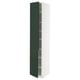 Modern kitchen cabinet in white with green doors. Tall, rectangular shape with adjustable shelves.