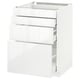 White modern kitchen unit, rectangular, glossy. Three drawers, sleek design, sturdy frame.
