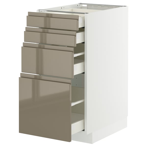 Modern white kitchen unit with four gray-brown metal drawers, sleek handles, and soft-close feature.