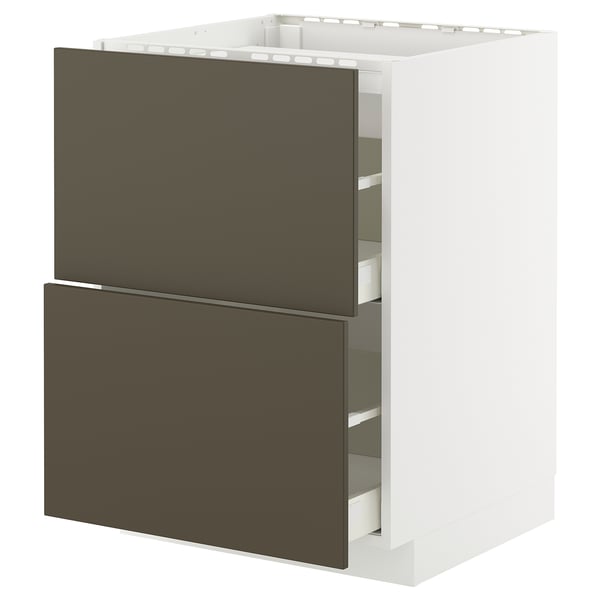 White cabinet with dark brown drawers, sleek modern design.