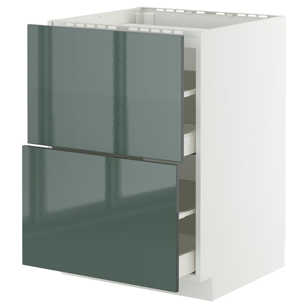 High-gloss grey-green METOD kitchen cabinet, rectangular shape with two drawers and sleek design.