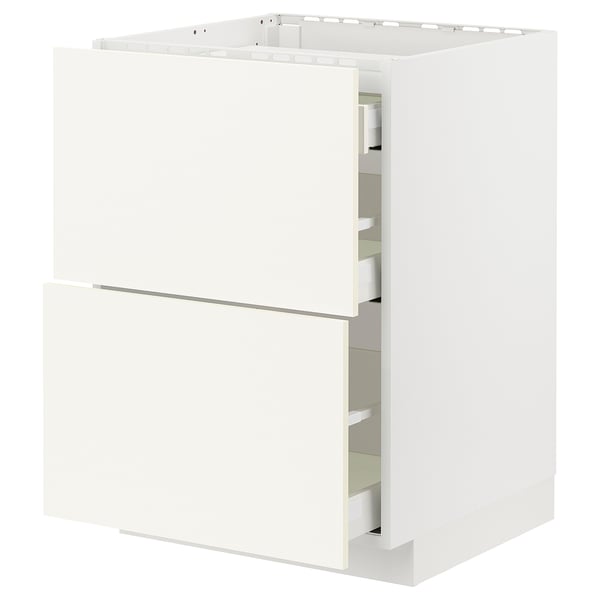 A white METOD kitchen cabinet with two drawers and multiple shelves. It offers ample storage with a sleek, modern design.