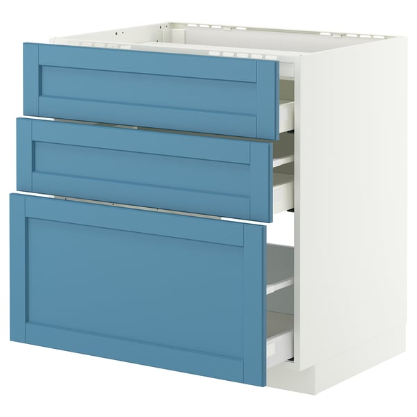 METOD / MAXIMERA Base cab f hob/3 fronts/3 drawers, white/Lerhyttan blue, 80x60 cm