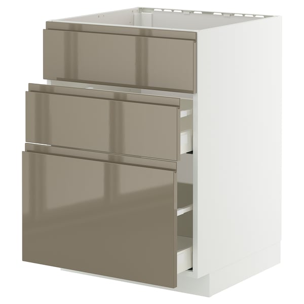Modern kitchen cabinet, METOD, with dark grey-brown drawers, white frame, three large shiny drawers.