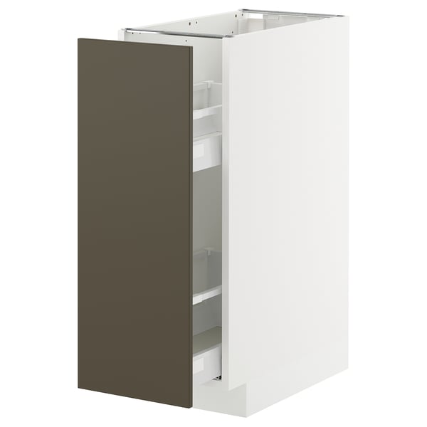A white ikea METOD cabinet with a black-brown door, featuring an open pull-out storage solution.