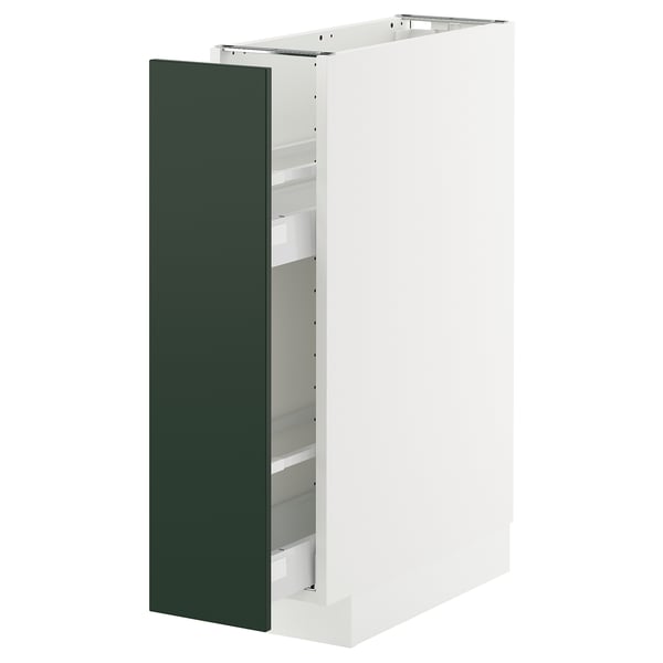 A white METOD kitchen cabinet with green havstorp doors and shelves. The cabinet a sturdy frame and pull-out drawers.