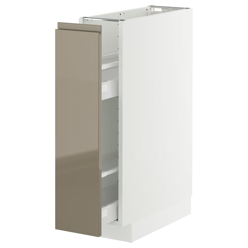 Modern white kitchen cabinet with glossy dark brown door, integrated handles and pull-out shelf.