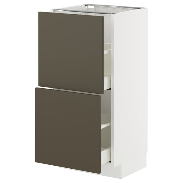 METOD kitchen unit with dark brown & beige drawers, sleek design, modern white cabinet.