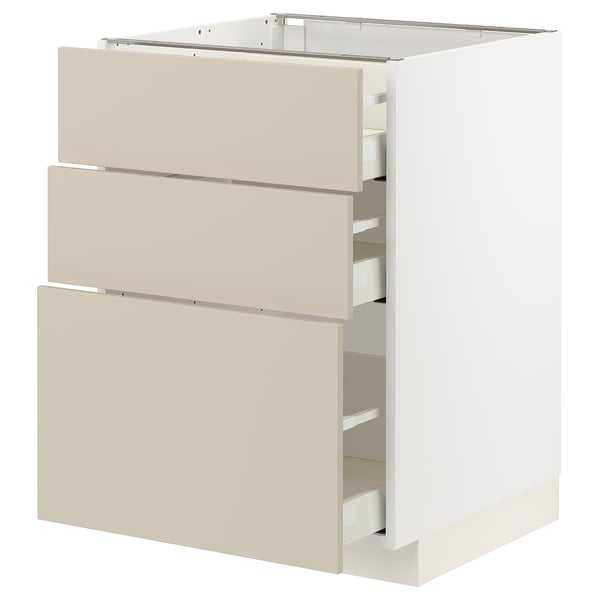 An ikea METOD kitchen cabinet with beige havstorp drawers, a clean and smooth design, equipped with self-closing drawers.