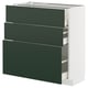 A METOD kitchen unit with havstorp green drawer fronts, three drawers, a sleek design, and a white base.