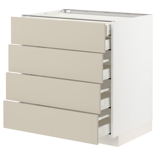 A white and beige kitchen cabinet with multiple drawers from the METOD system, characterised by its smooth design and durable frame.