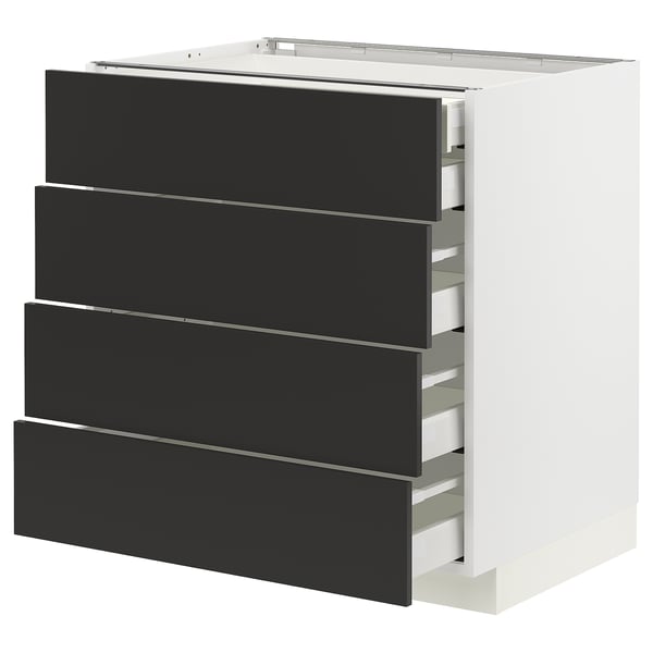 Modern kitchen cabinet, white with black drawers, sleek minimalist design, four drawers, sturdy and functional.
