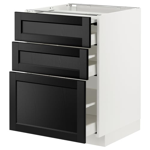 A white METOD kitchen cabinet with three black stained wooden drawers and a pull-out work surface. The drawers have bevelled edges and smooth runners.