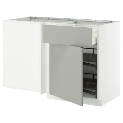 A white METOD kitchen cabinet with a light grey havstorp front. It a modern design with a pull-out fitting for storage access.