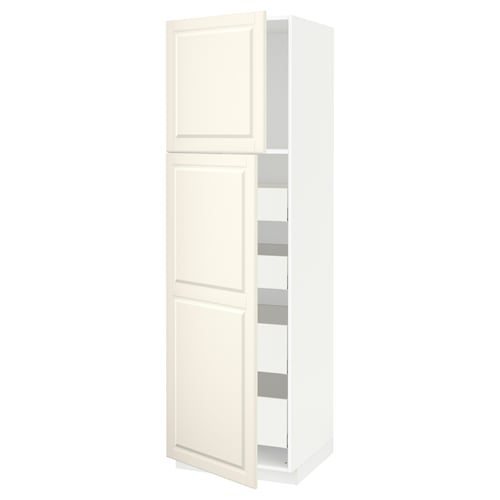 White tall kitchen cabinet with off-white bevelled doors, two adjustable shelves inside, part of the METOD system.