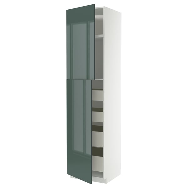 Modern kitchen cabinet in high-gloss grey-green with sleek design and multiple drawers.