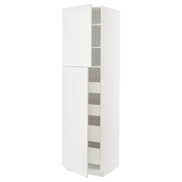 White METOD tall kitchen cabinet with white interior drawers and shelves, sleek modern design.