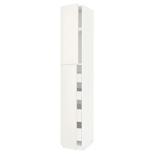 A white, tall kitchen cabinet from the METOD system, featuring smooth doors and multiple shelves inside.