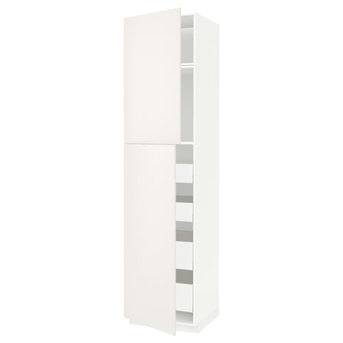 A white METOD kitchen cabinet with smooth, clean lines. Its an upright storage unit with adjustable shelves inside.