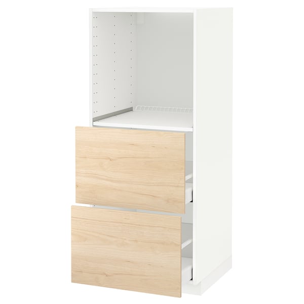 A white METOD kitchen cabinet with light ash drawers, featuring adjustable shelves and smooth-closing drawers.
