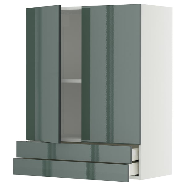 Modern grey-green kitchen cabinet with glossy finish and two open drawers.